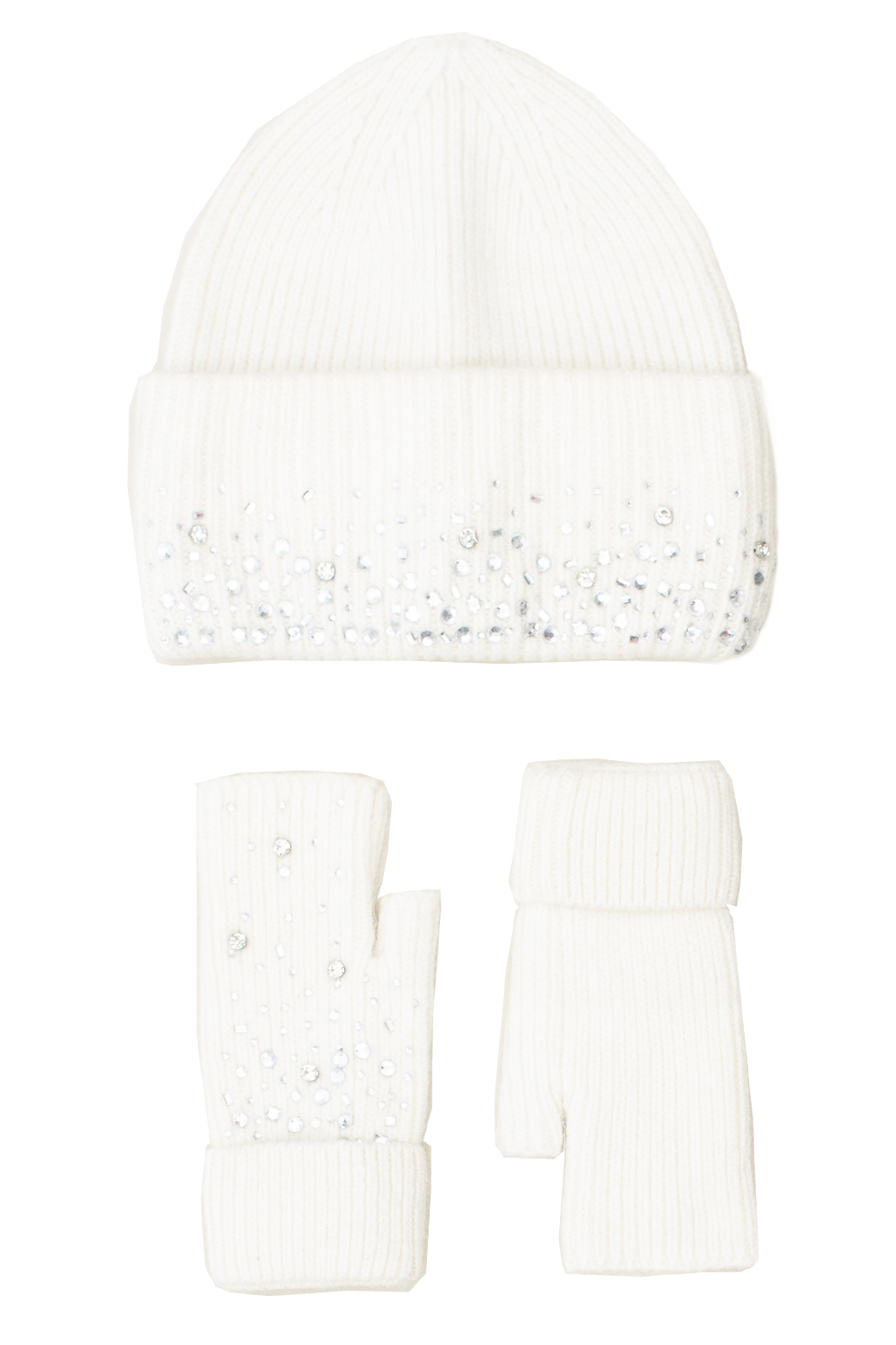 CAPPELLO + GUANTO MAGLIA CON STRASS, 35%ANGORA 65 %VI, MADE IN PRC   - WHITE